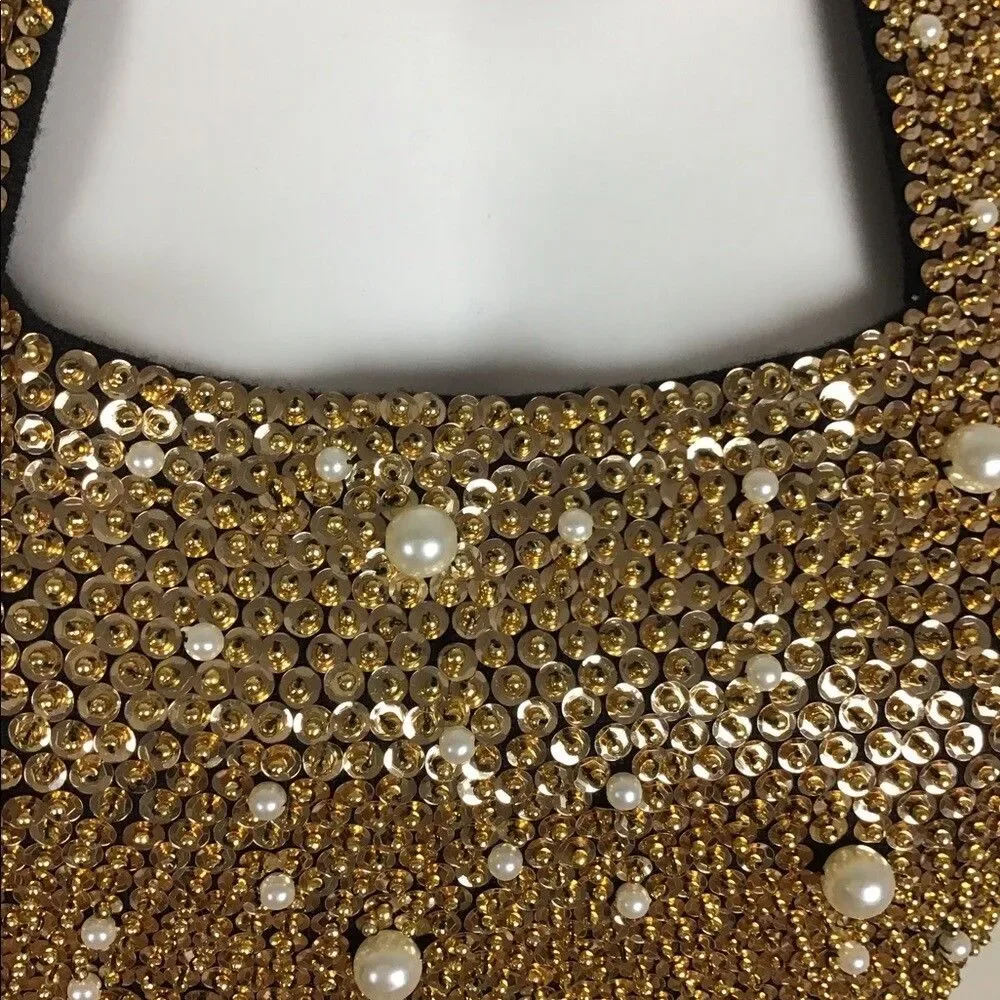 Outlander Studio Gold  Sequence Dress With White Pearls And Black  Bottom size M